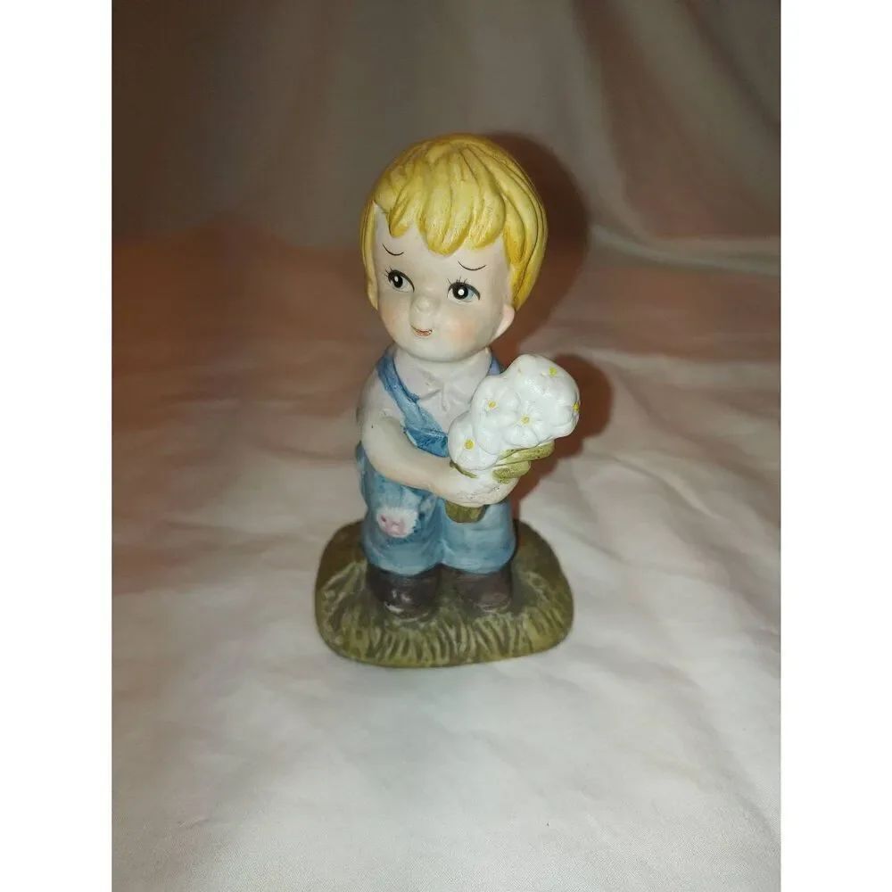 Vintage Porcelain Boy With Flowers Figurine